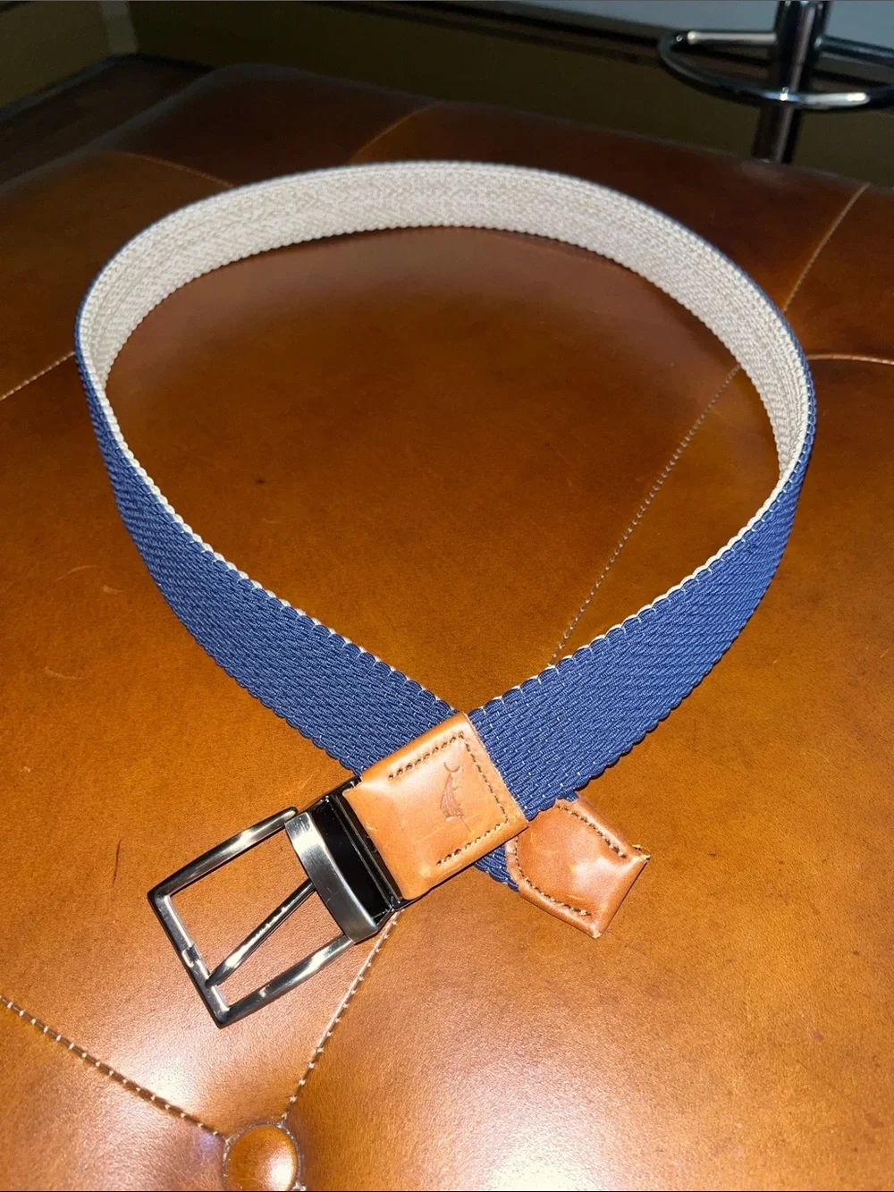 Tommy Bahama reversible Blue & tan Elastic Web Belt with Brown Leather Trim